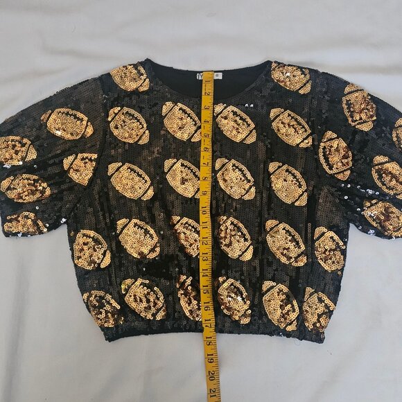 WHY DRESS Black Gold Sequin Football-Shaped Embellished Crop Top Size Small, NWT - Picture 8 of 8